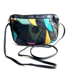 Chateau Black Pink Teal Multicolor Patchwork Leather Vintage Crossbody Bag